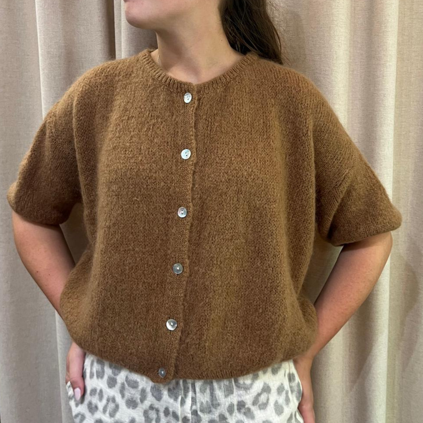 Mohair Blend Cropped Sleeve Cardigan - Camel