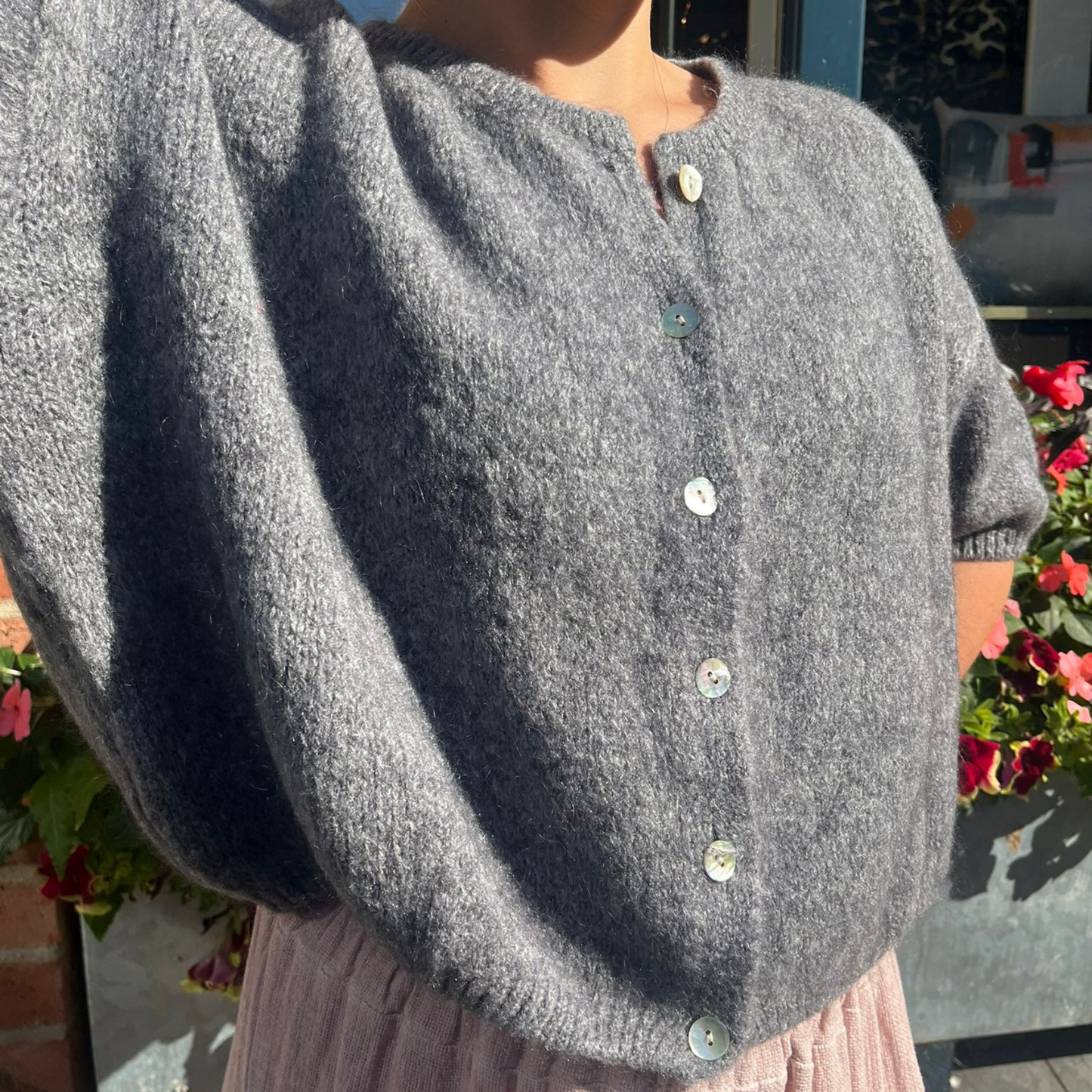 Mohair Blend Cropped Sleeve Cardigan - Charcoal