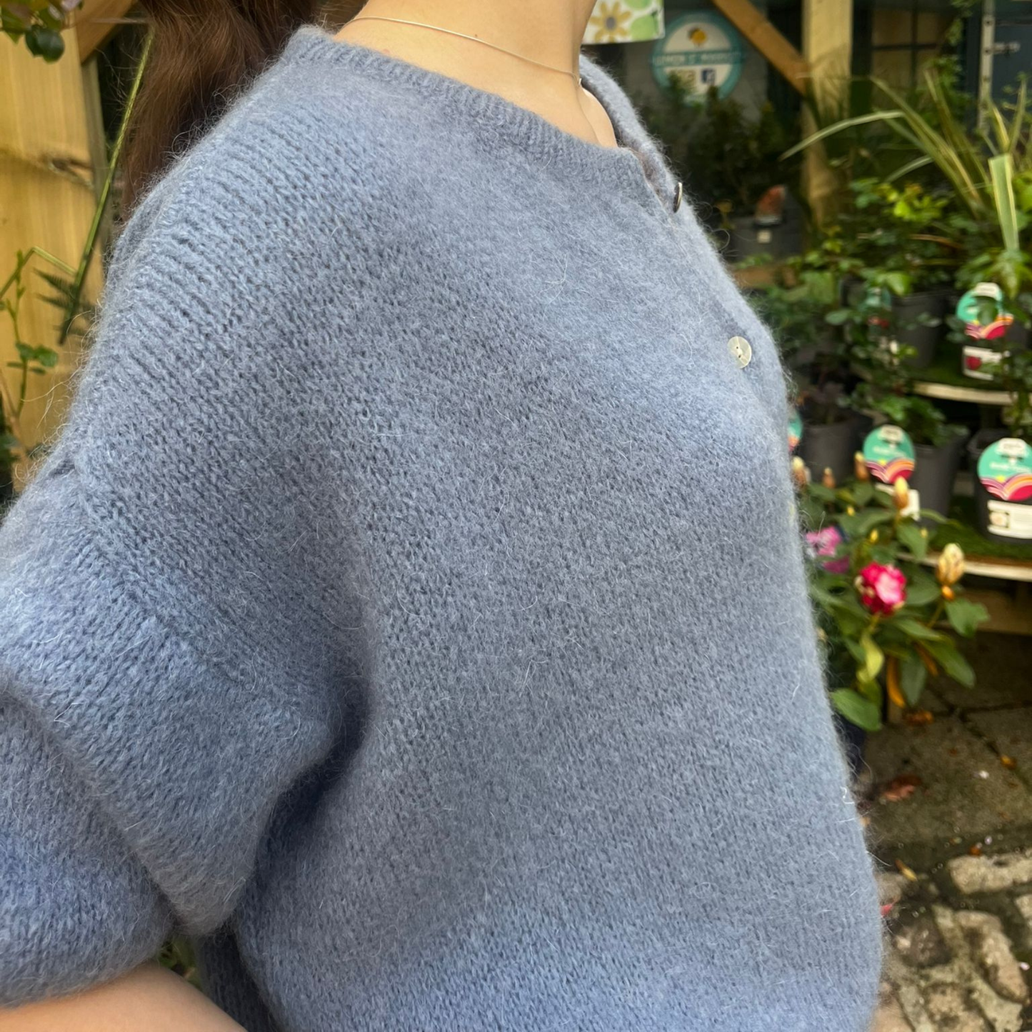 Mohair Blend Cropped Sleeve Cardigan - Denim Blue