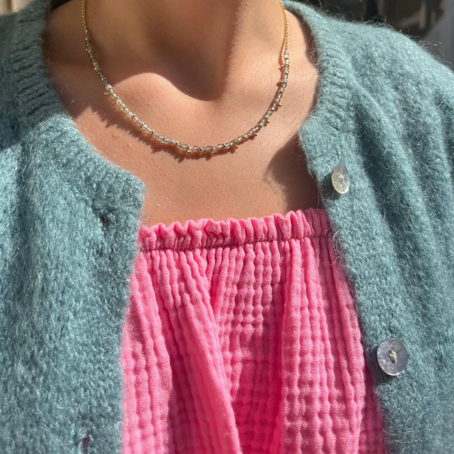 Mohair Blend Cropped Sleeve Cardigan - Duck Egg