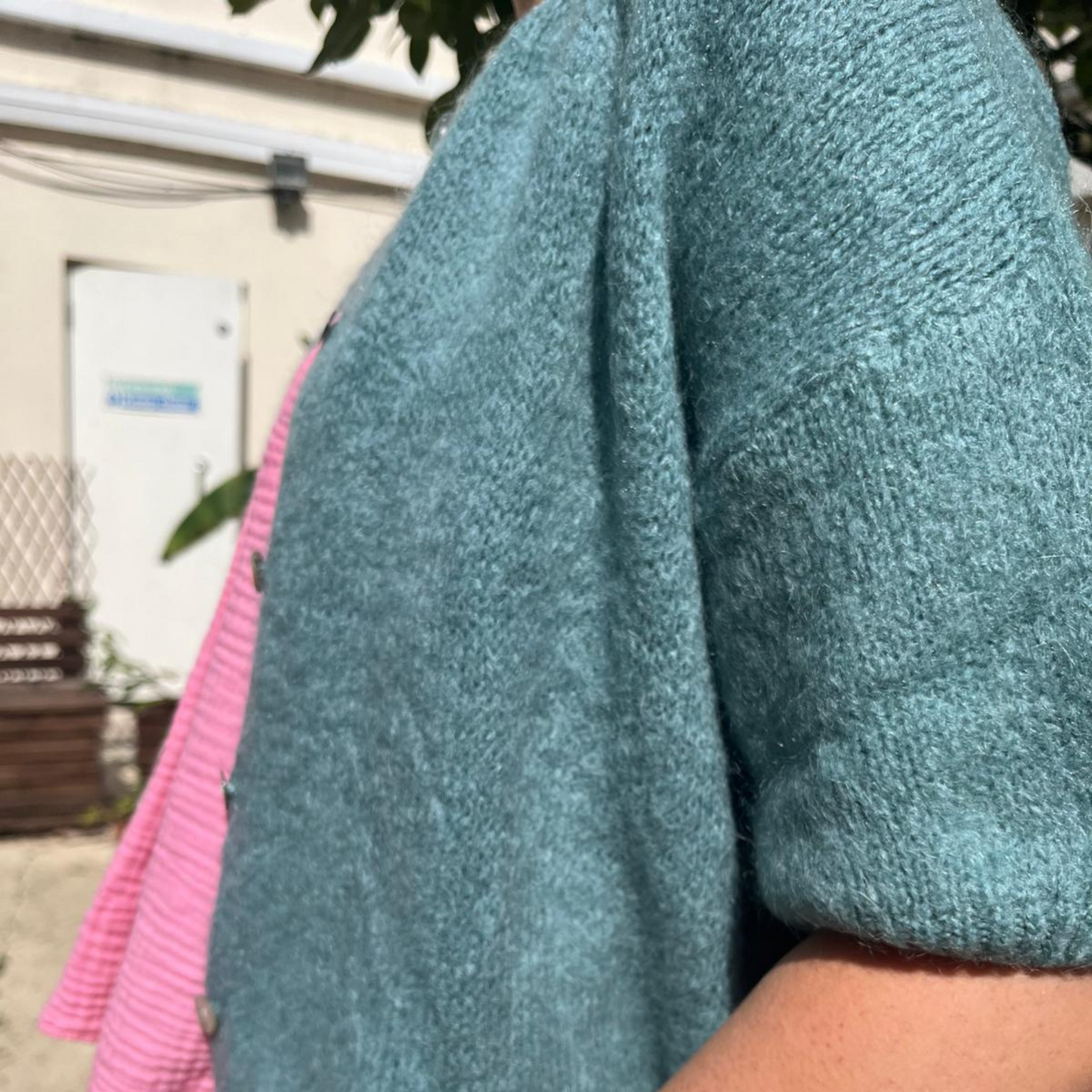 Mohair Blend Cropped Sleeve Cardigan - Duck Egg