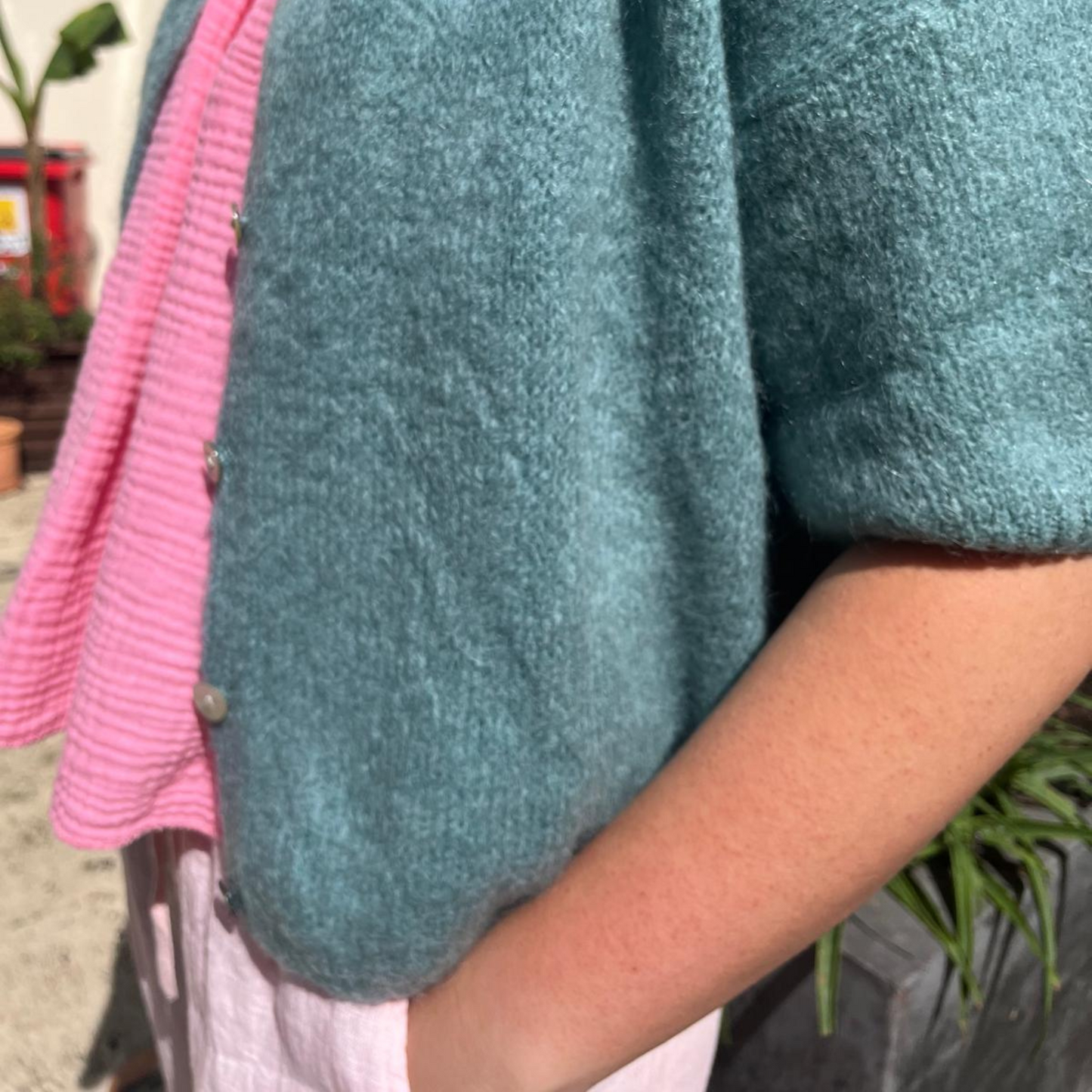 Mohair Blend Cropped Sleeve Cardigan - Duck Egg