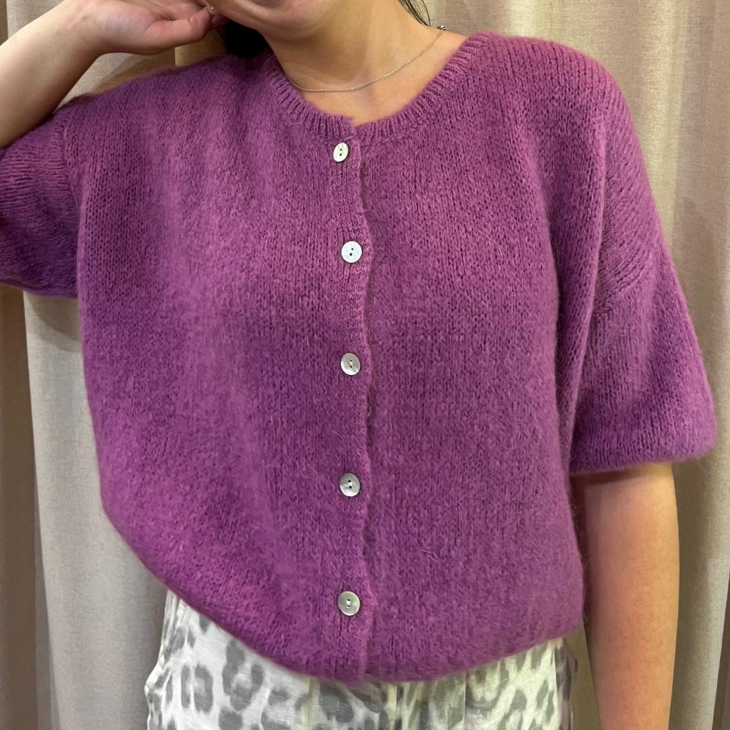 Mohair Blend Cropped Sleeve Cardigan - Grape