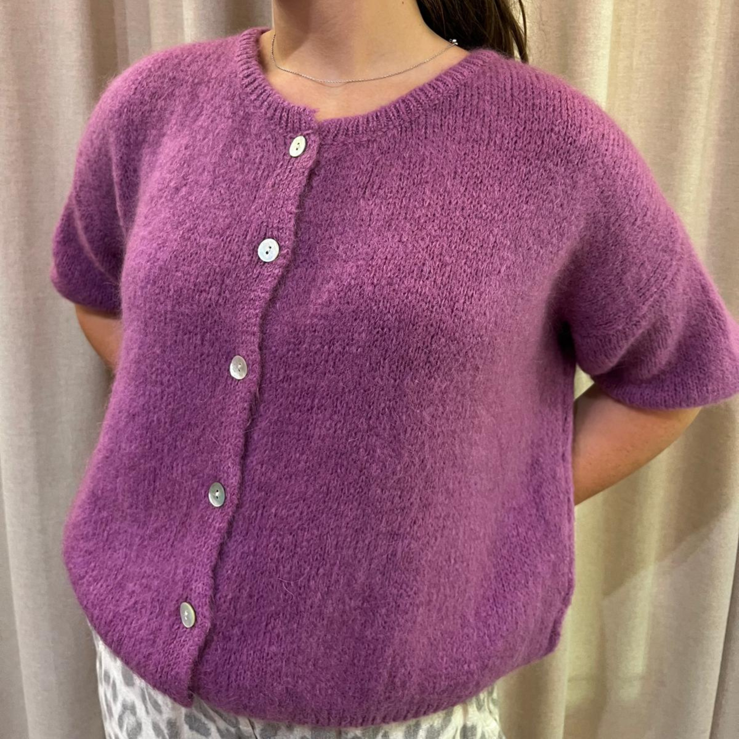 Mohair Blend Cropped Sleeve Cardigan - Grape