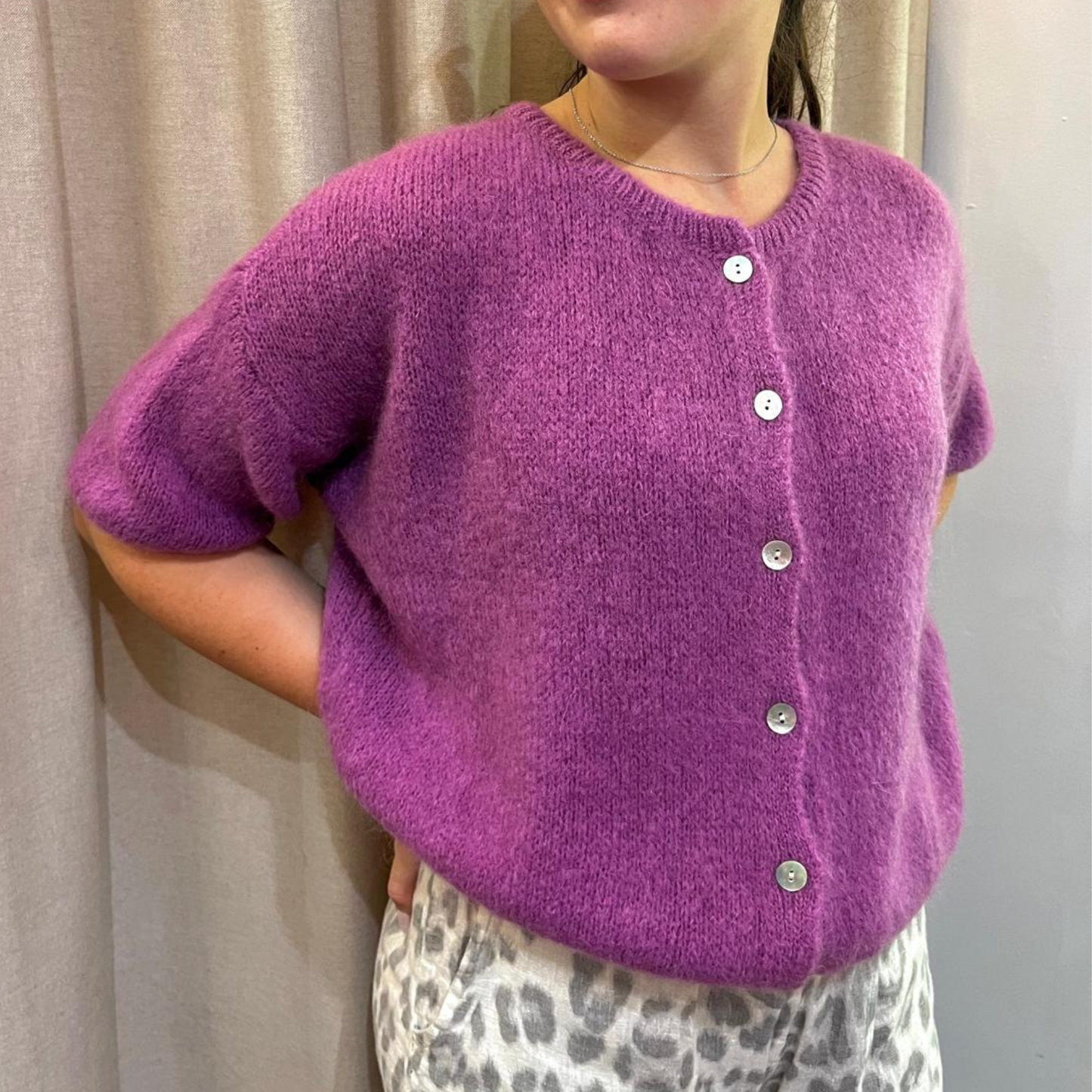 Mohair Blend Cropped Sleeve Cardigan - Grape
