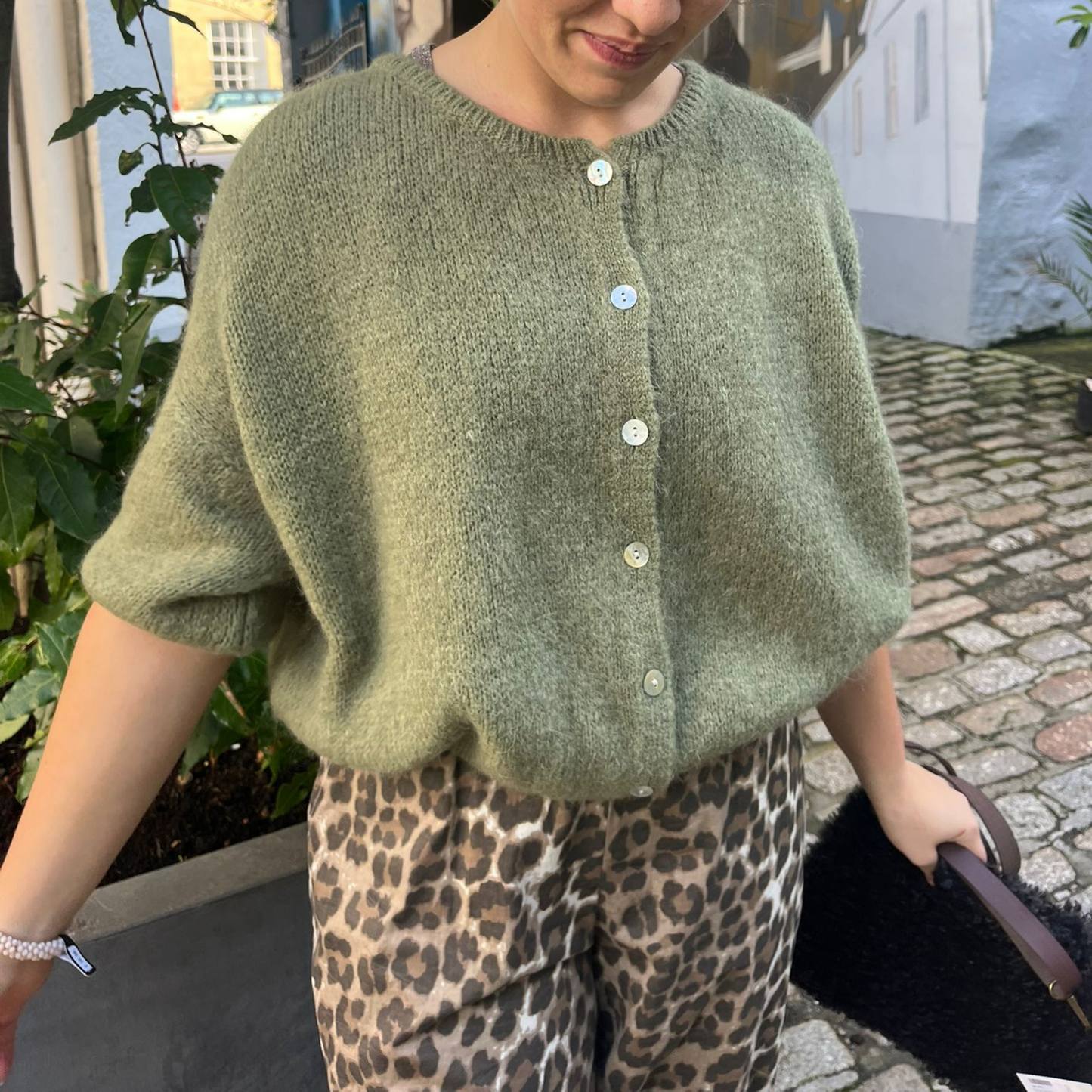 Mohair Blend Cropped Sleeve Cardigan - Khaki Green