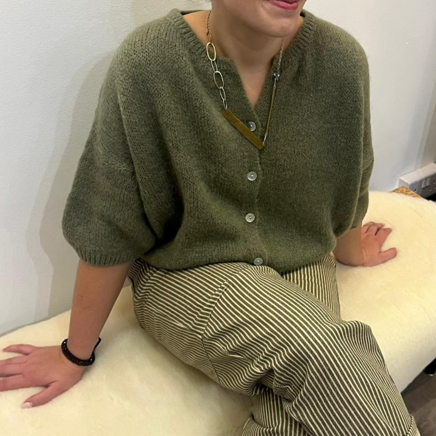 Mohair Blend Cropped Sleeve Cardigan - Khaki Green