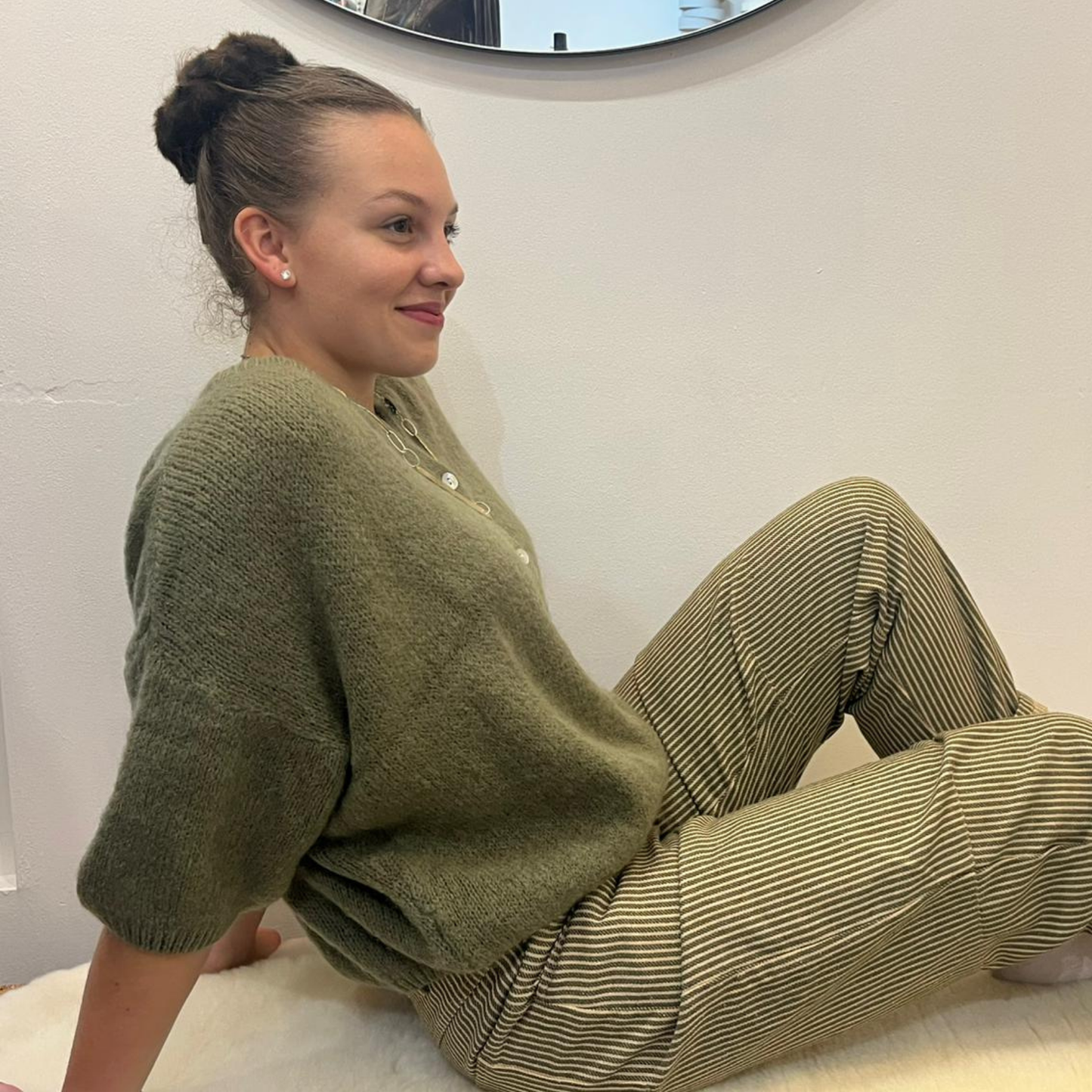 Mohair Blend Cropped Sleeve Cardigan - Khaki Green
