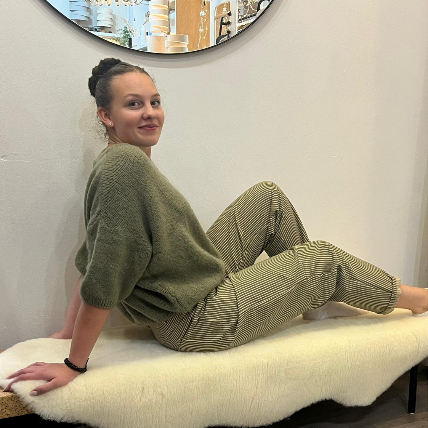 Mohair Blend Cropped Sleeve Cardigan - Khaki Green