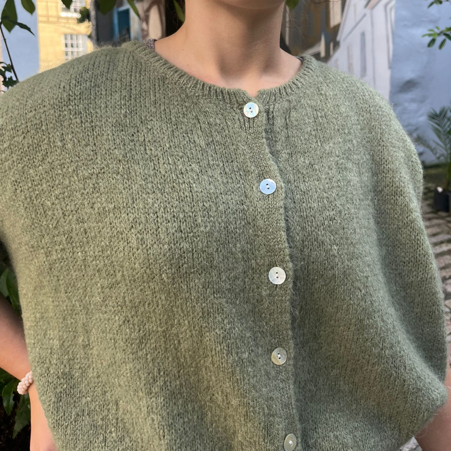 Mohair Blend Cropped Sleeve Cardigan - Khaki Green