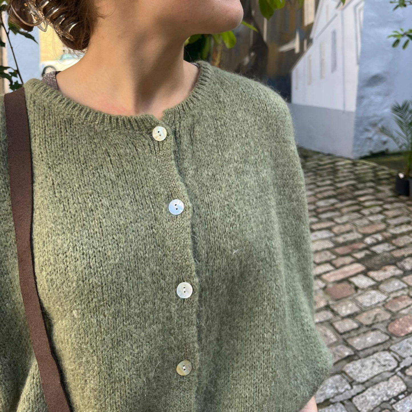 Mohair Blend Cropped Sleeve Cardigan - Khaki Green