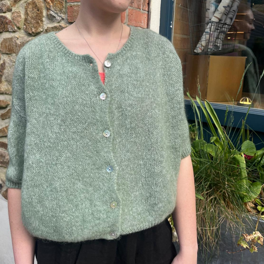 Mohair Blend Cropped Sleeve Cardigan - Khaki Marl