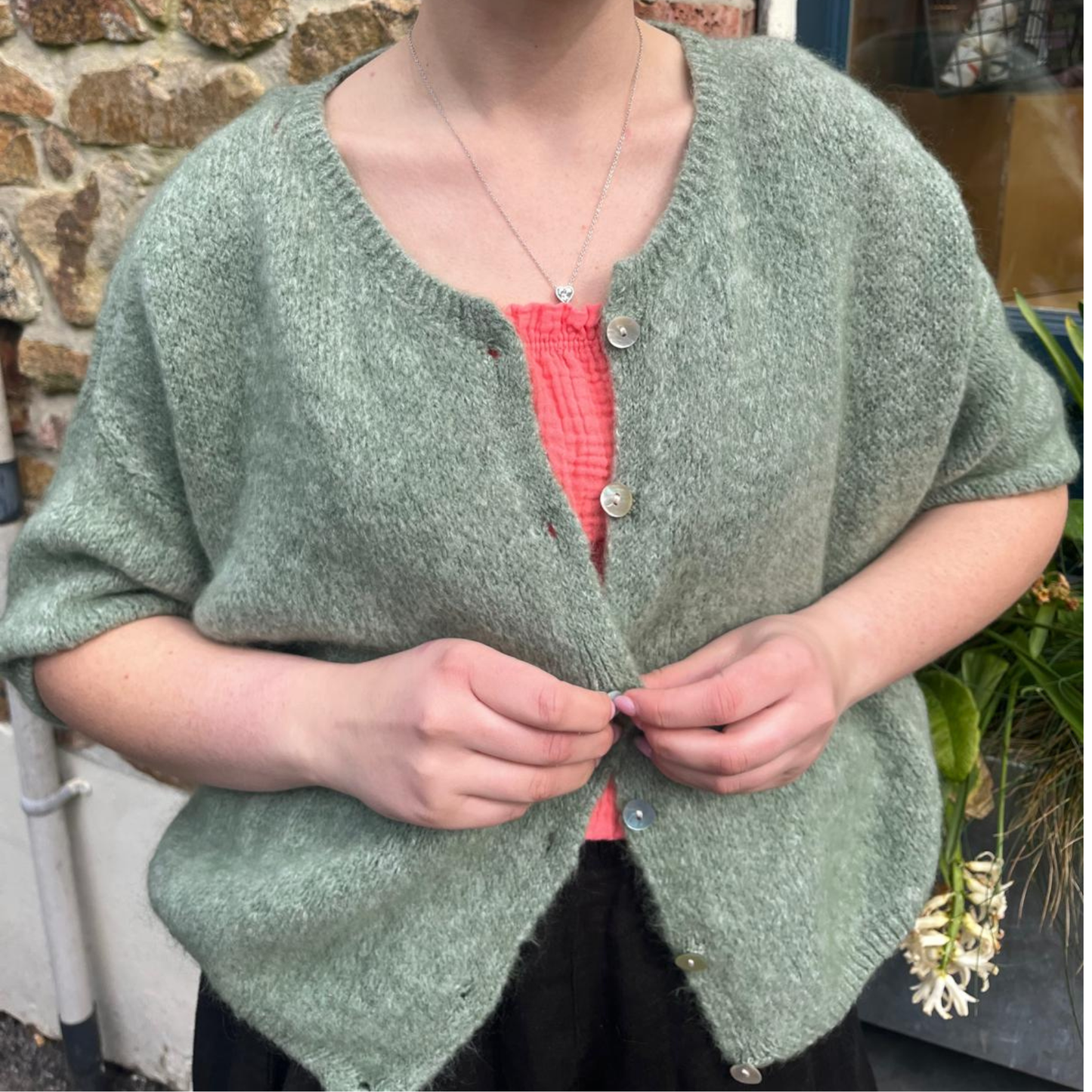 Mohair Blend Cropped Sleeve Cardigan - Khaki Marl