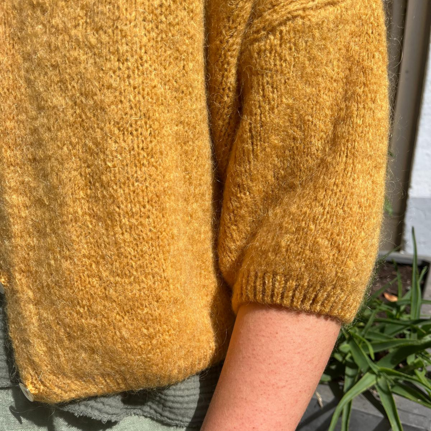 Mohair Blend Cropped Sleeve Cardigan - Mustard