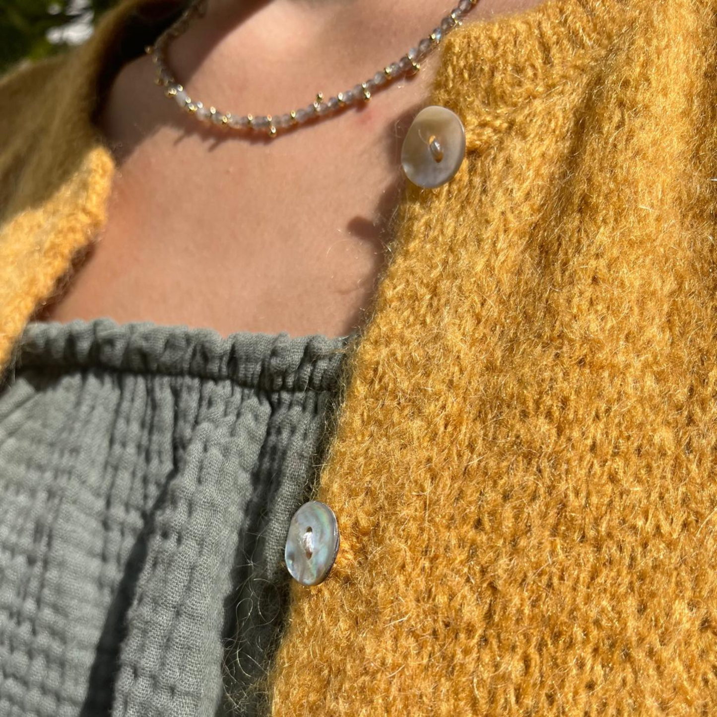 Mohair Blend Cropped Sleeve Cardigan - Mustard