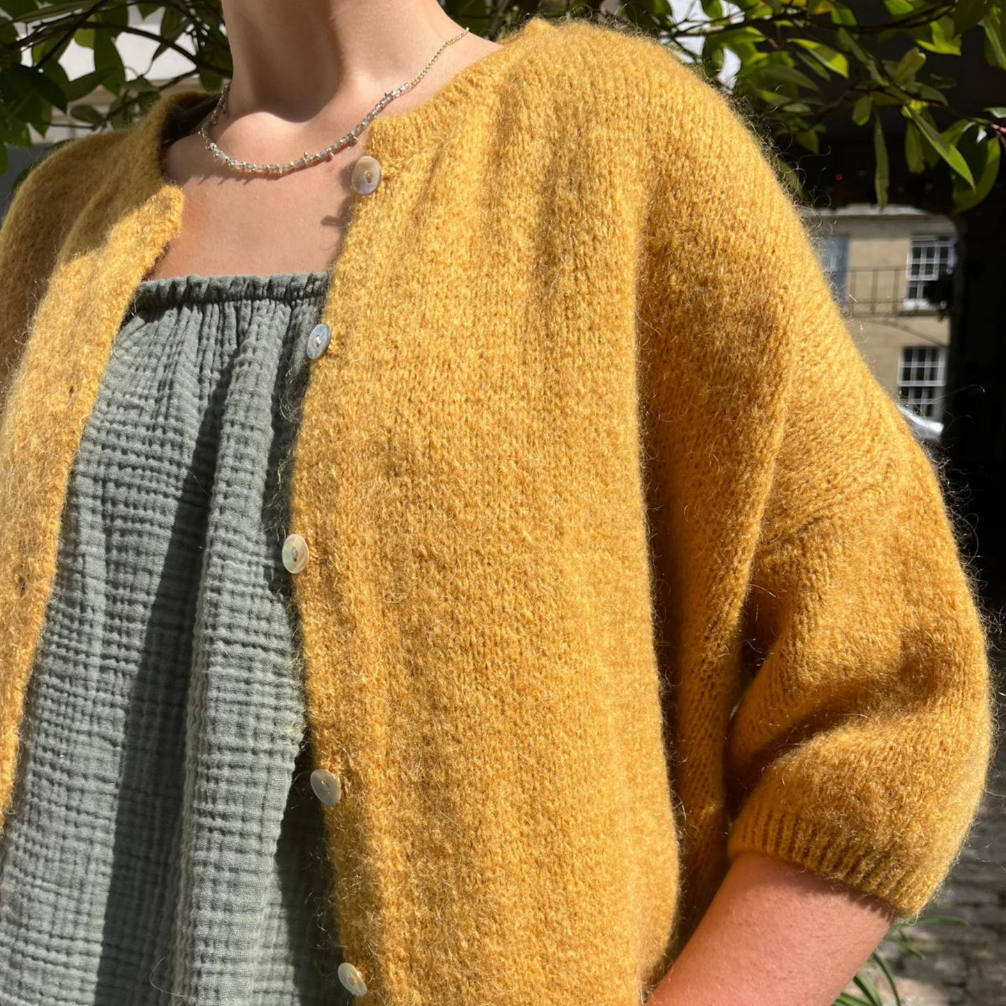 Mohair Blend Cropped Sleeve Cardigan - Mustard