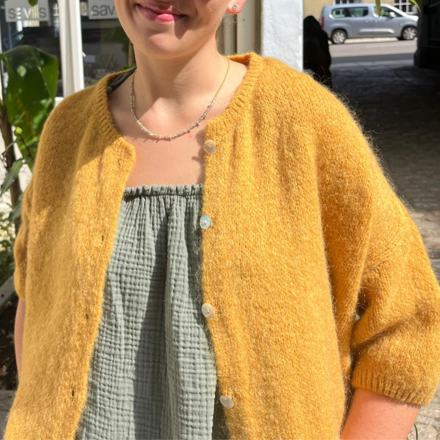 Mohair Blend Cropped Sleeve Cardigan - Mustard