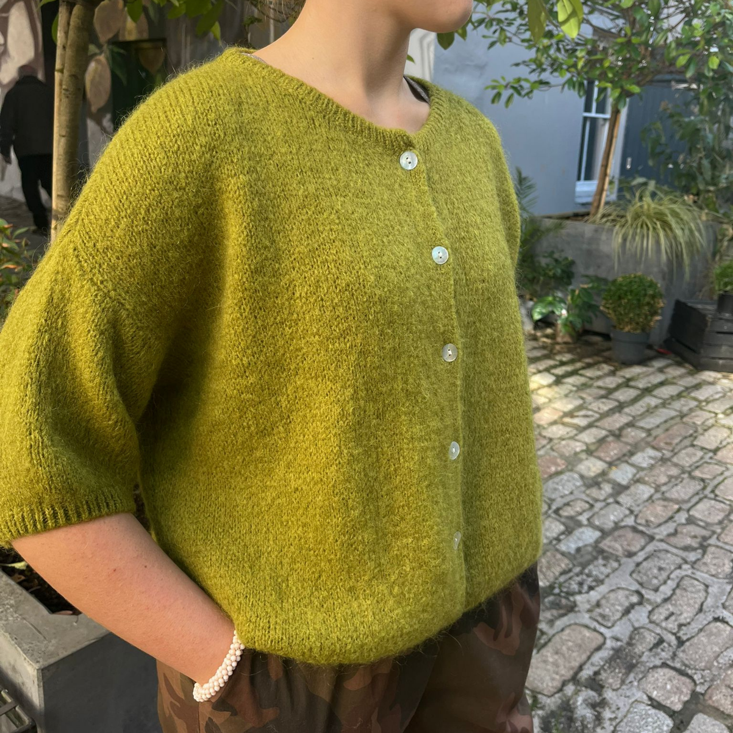 Mohair Blend Cropped Sleeve Cardigan - Olive