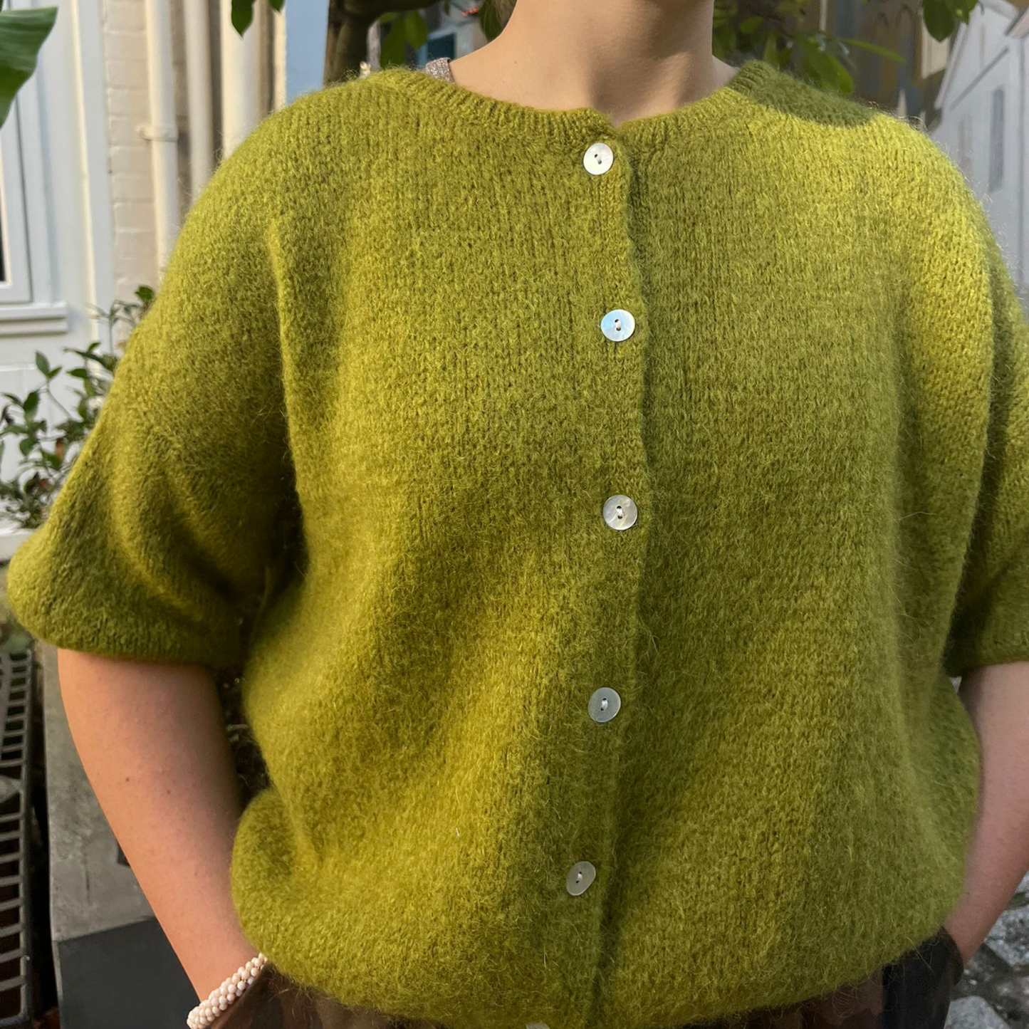 Mohair Blend Cropped Sleeve Cardigan - Olive