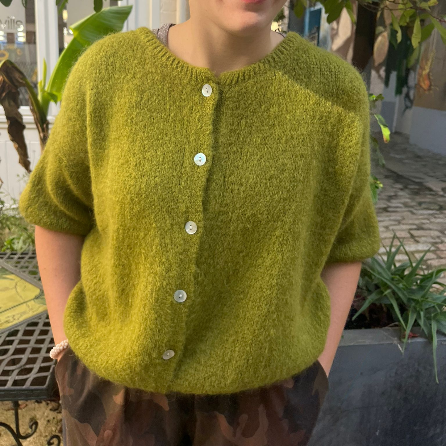 Mohair Blend Cropped Sleeve Cardigan - Olive