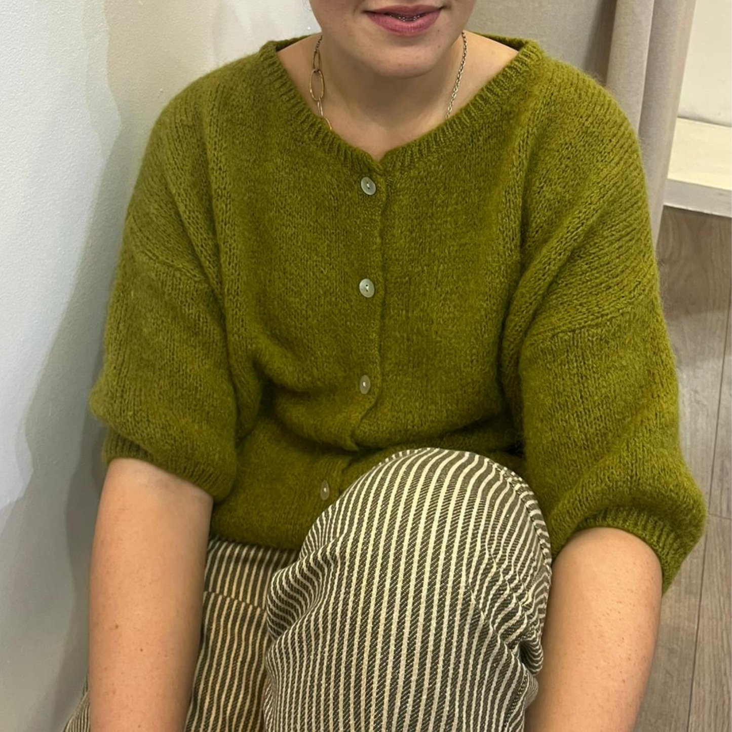 Mohair Blend Cropped Sleeve Cardigan - Olive