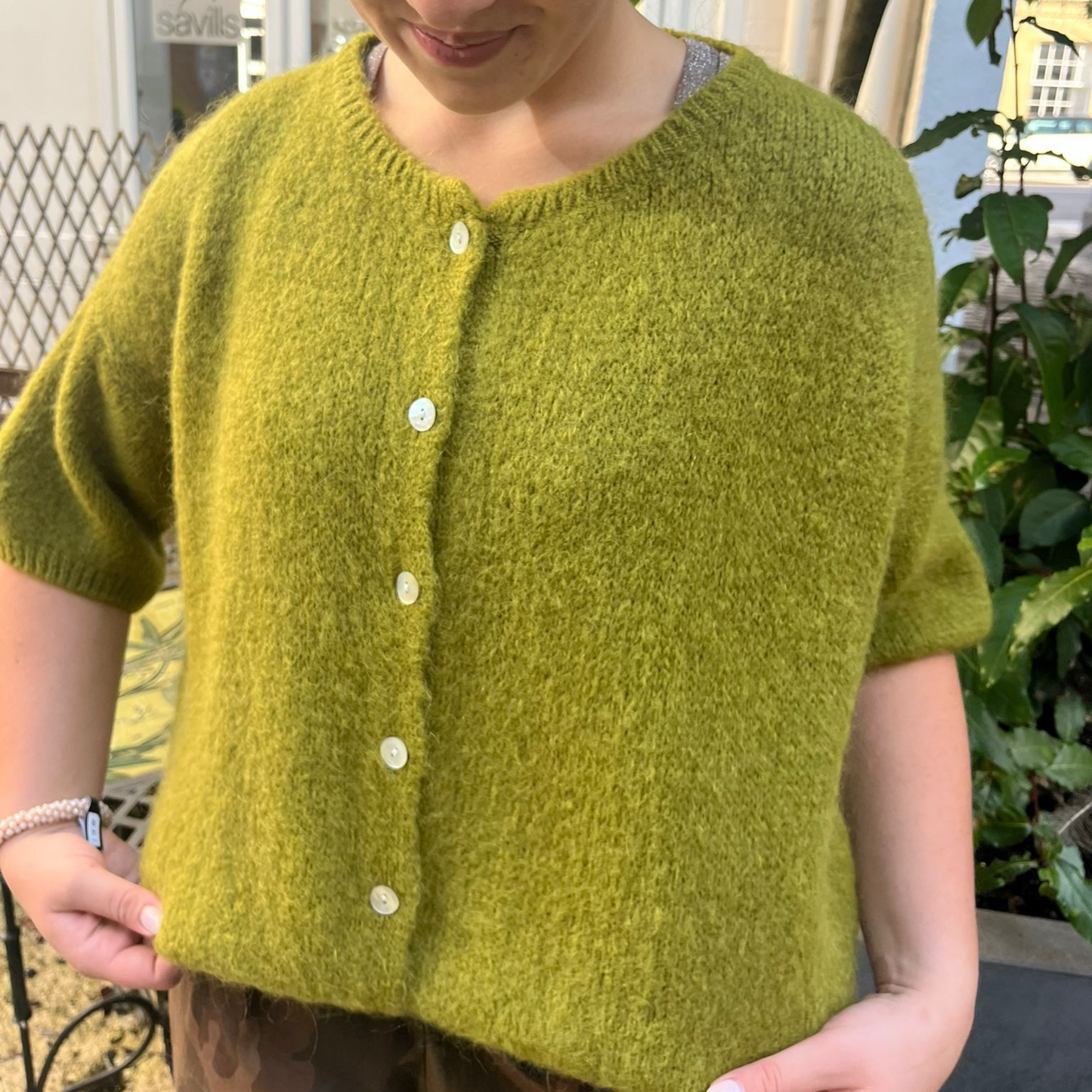 Mohair Blend Cropped Sleeve Cardigan - Olive