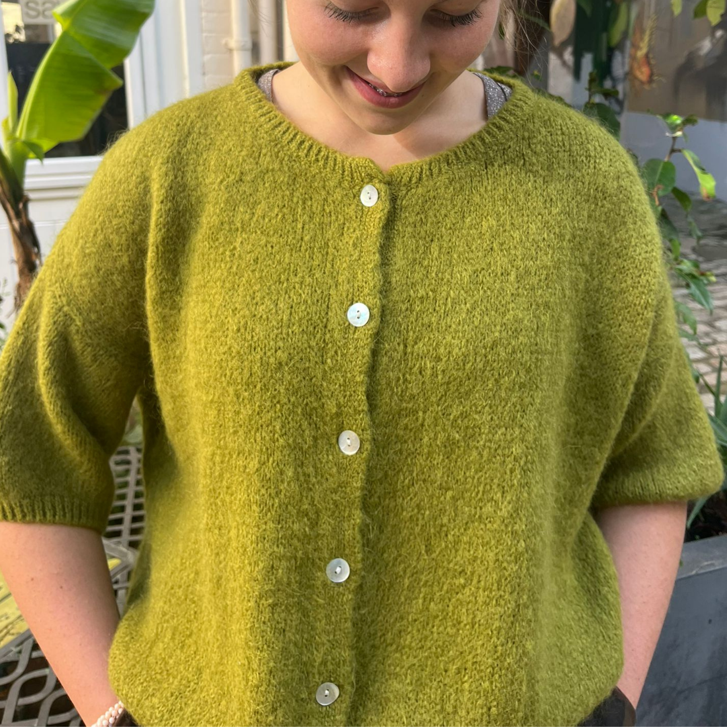 Mohair Blend Cropped Sleeve Cardigan - Olive