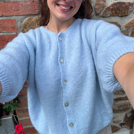 Mohair Blend Cropped Sleeve Cardigan - Pale Blue