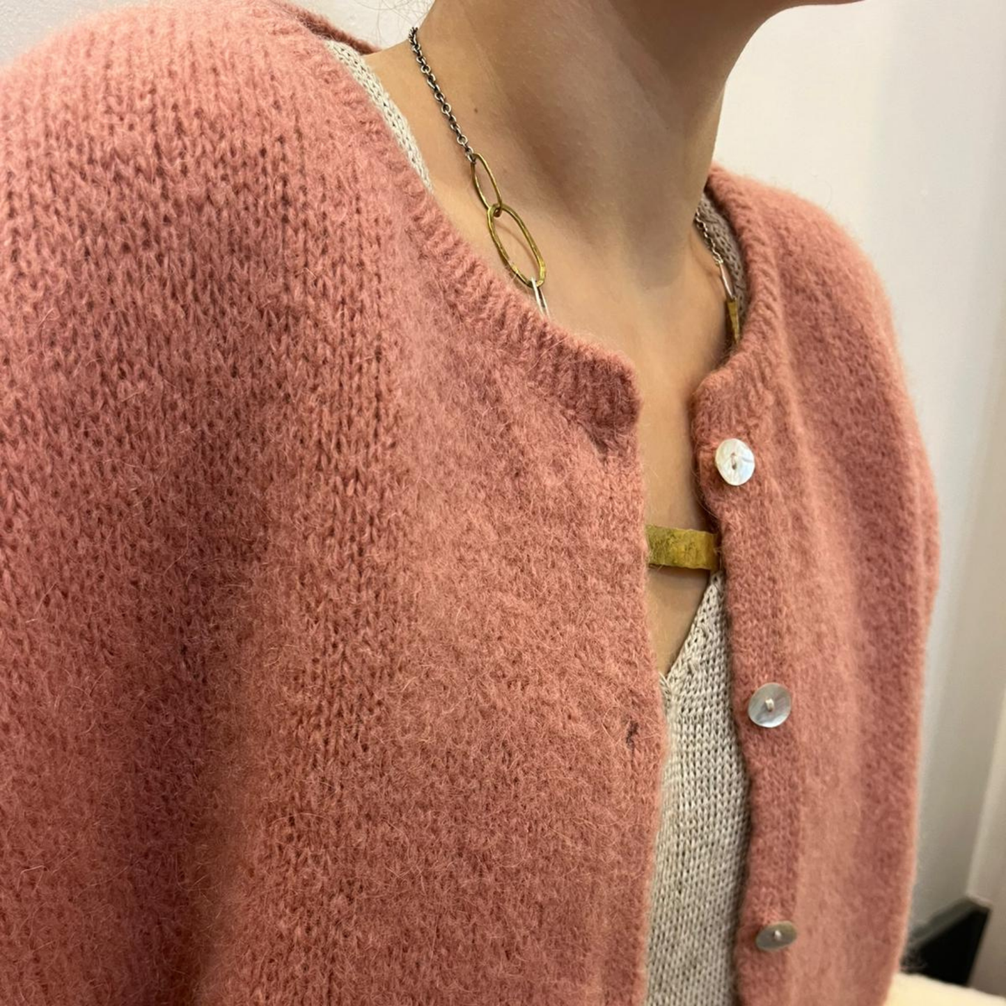 Mohair Blend Cropped Sleeve Cardigan - Rose