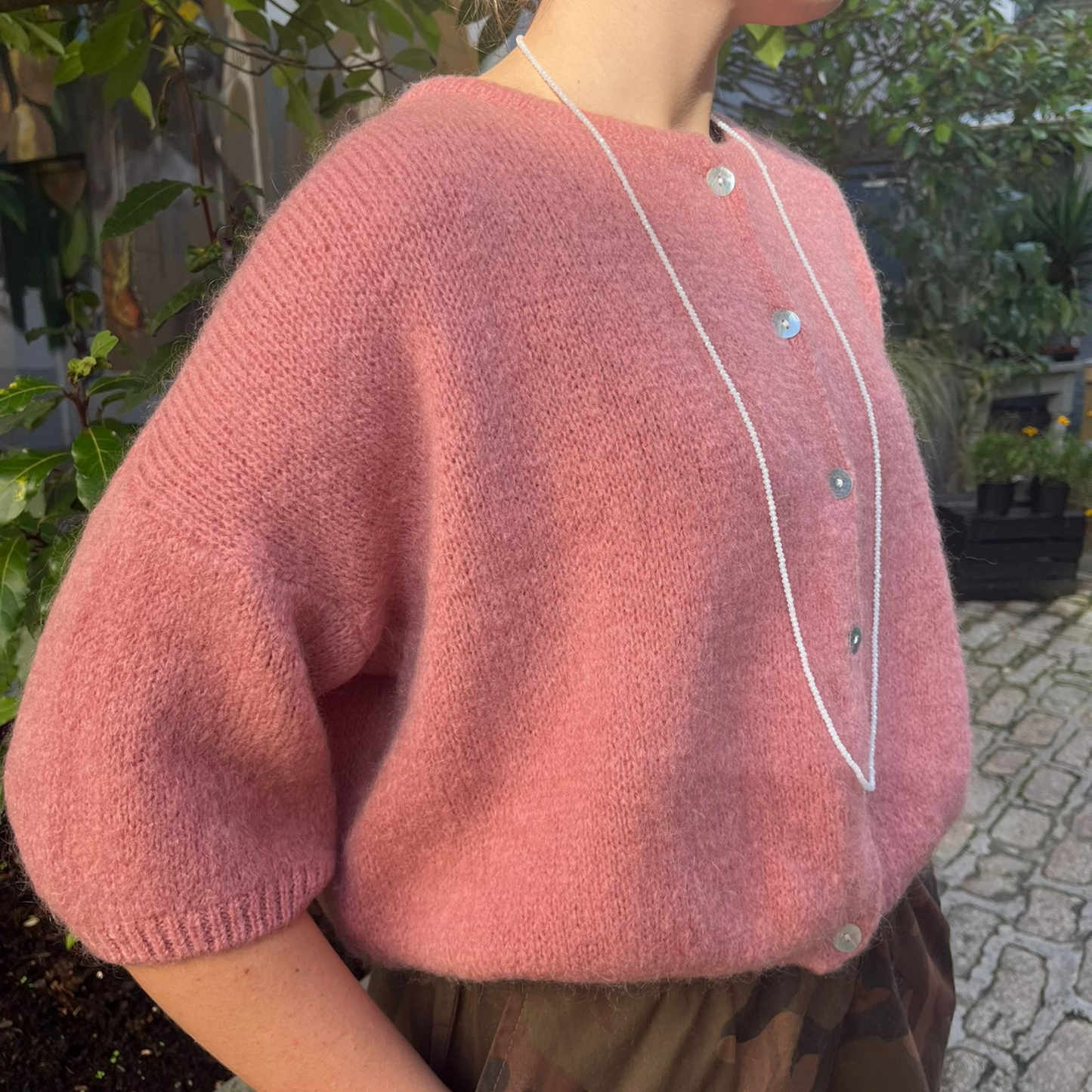 Mohair Blend Cropped Sleeve Cardigan - Rose