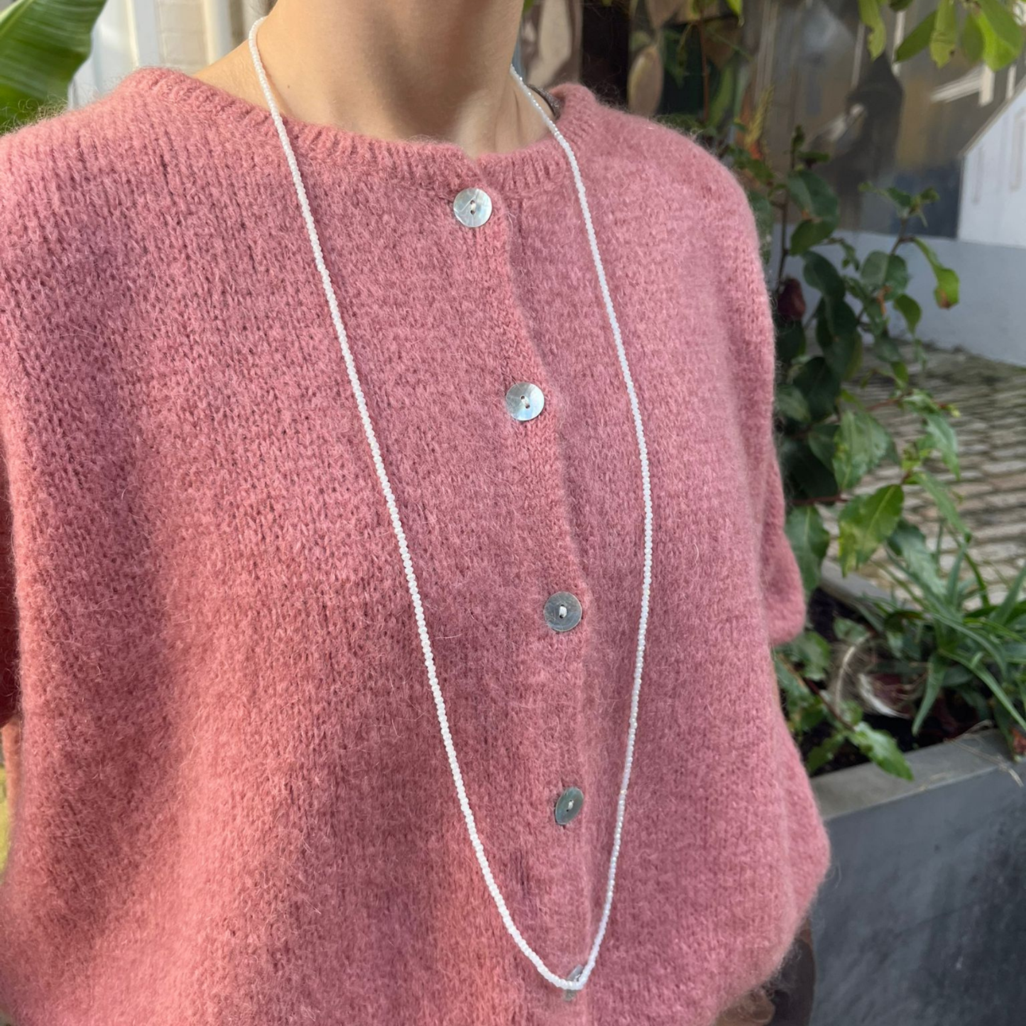 Mohair Blend Cropped Sleeve Cardigan - Rose