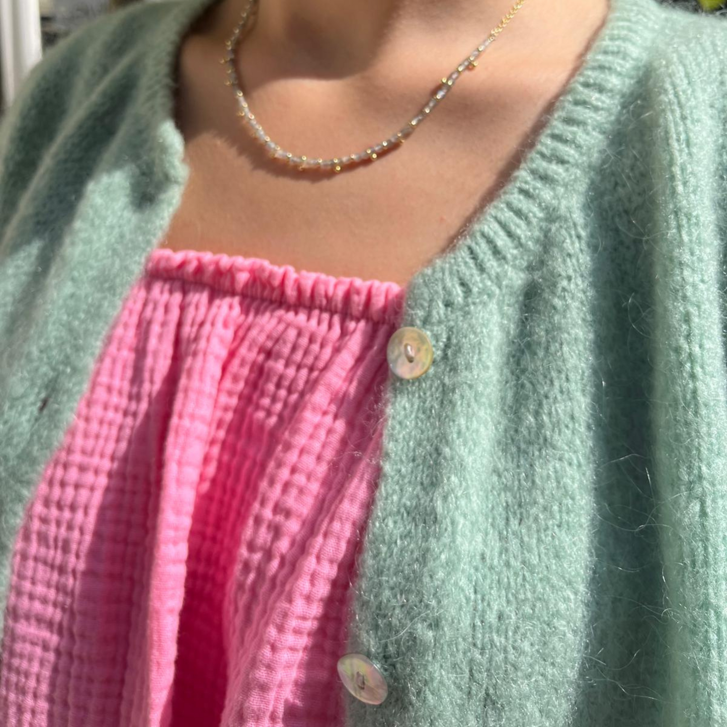 Mohair Blend Cropped Sleeve Cardigan - Sage Green