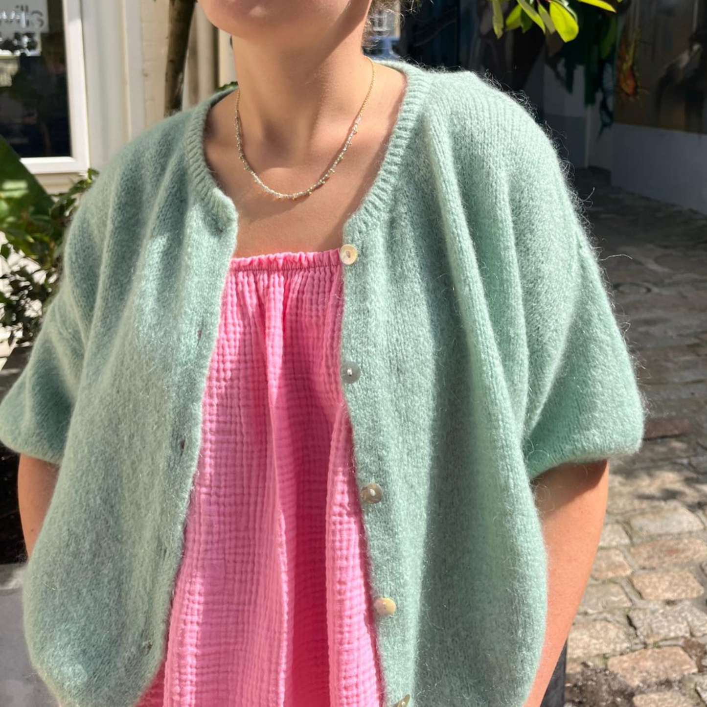 Mohair Blend Cropped Sleeve Cardigan - Sage Green