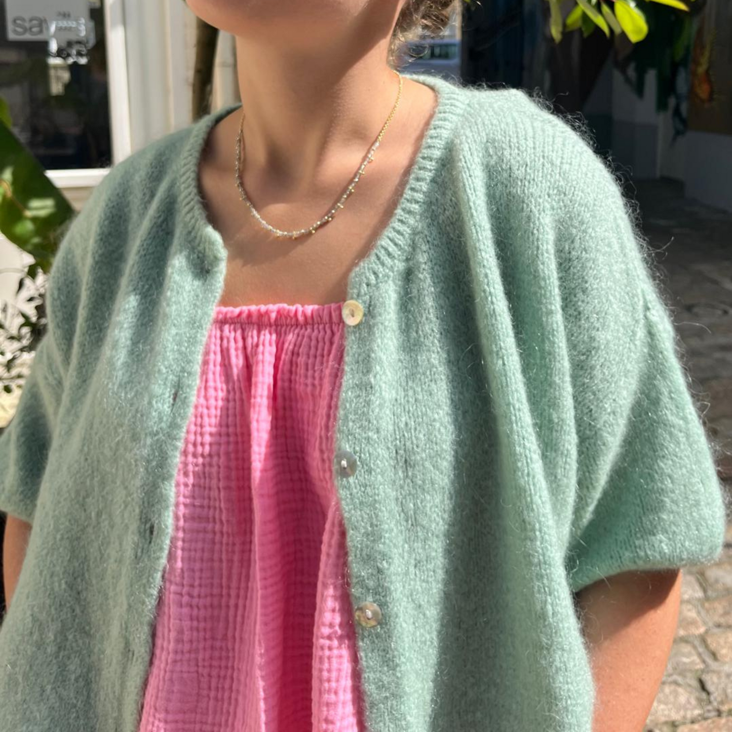 Mohair Blend Cropped Sleeve Cardigan - Sage Green