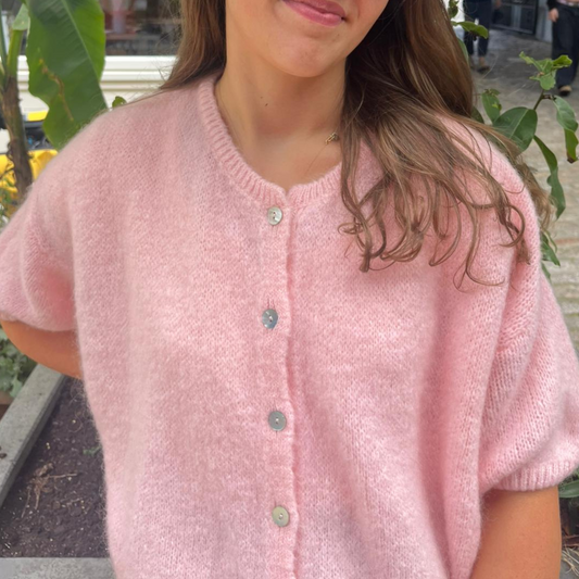 Mohair Blend Cropped Sleeve Cardigan - Soft Pink