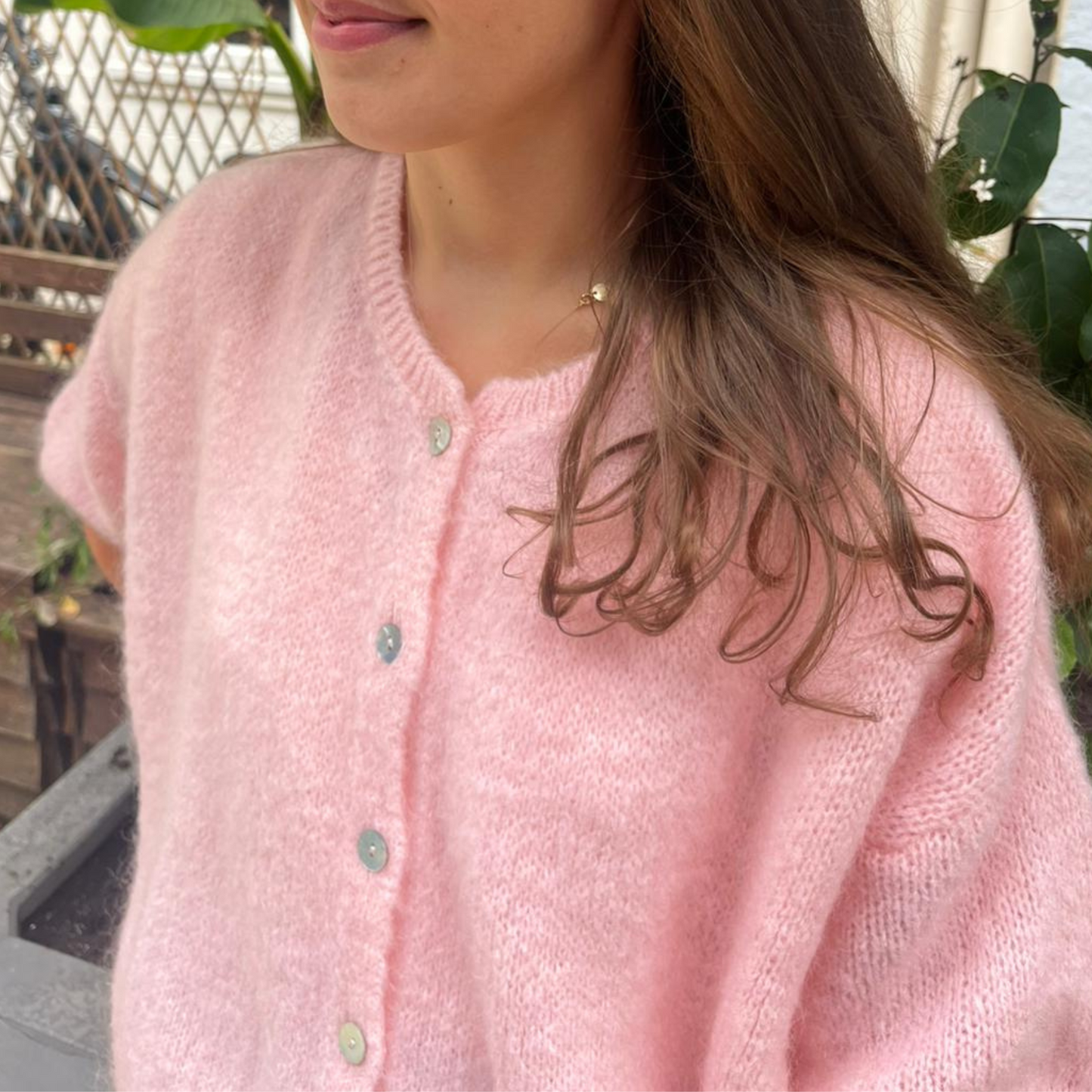 Mohair Blend Cropped Sleeve Cardigan - Soft Pink