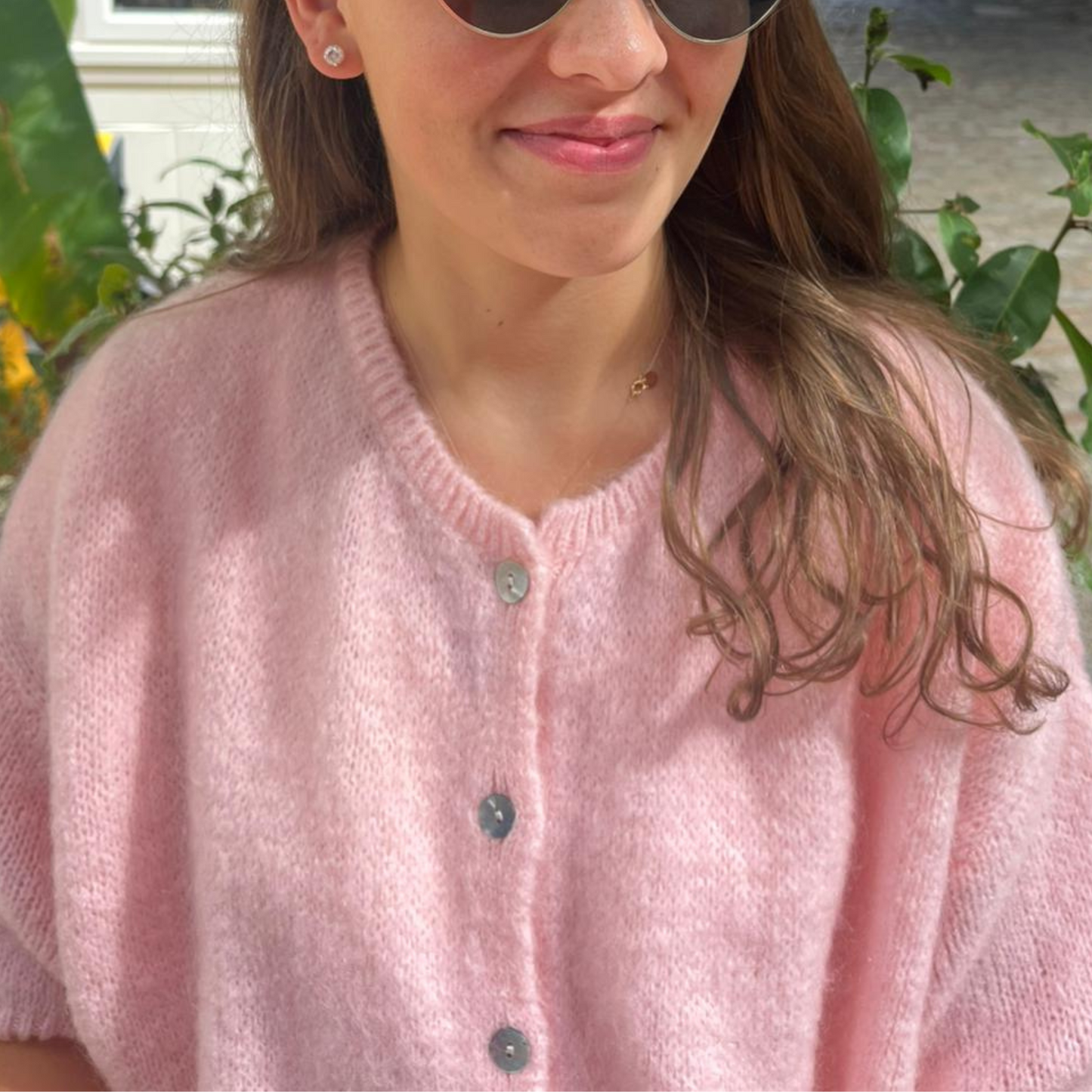 Mohair Blend Cropped Sleeve Cardigan - Soft Pink