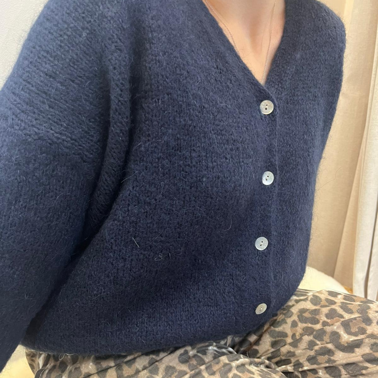 Mohair Blend V Neck Cardigan - Navy Blue