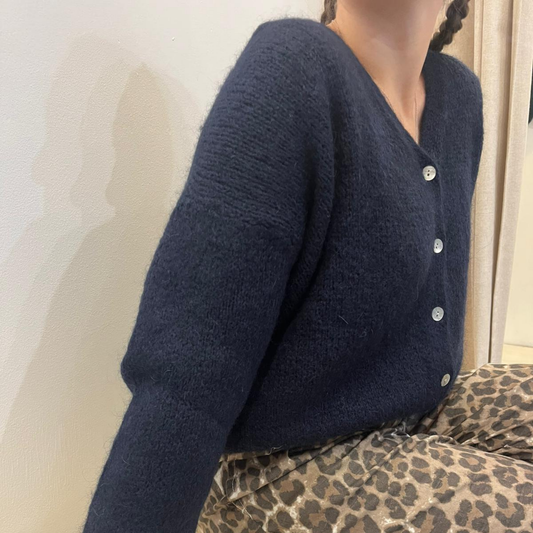 Mohair Blend V Neck Cardigan - Navy Blue