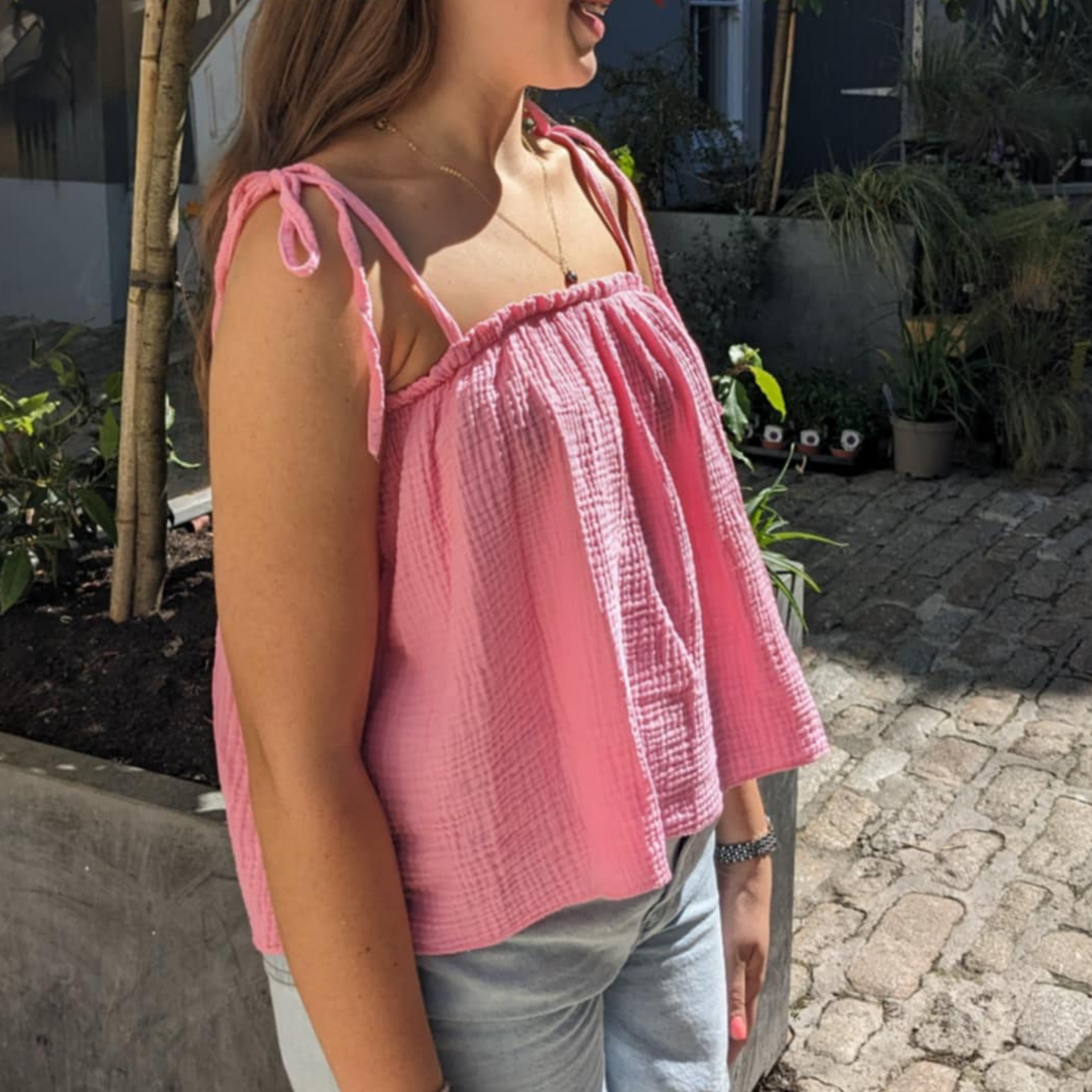 Kacie Cropped Tie Strap Top - Pink