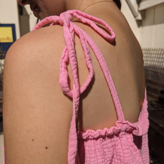 Waffle Cotton Cropped Tie Top - Pink