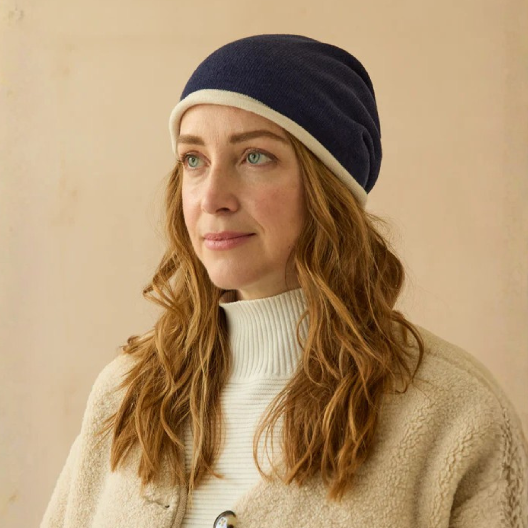 Cream and Navy Knit Beanie MOROCCAN TILE BEANIE AT ATELIER DELPHINE main image 2