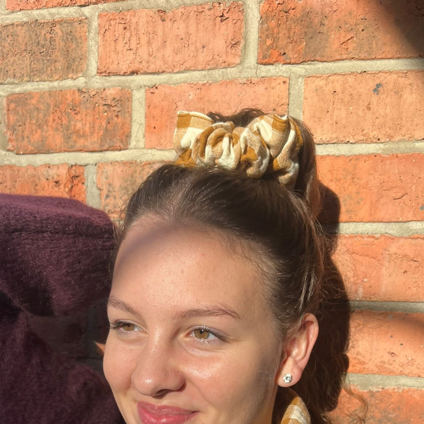 Hair Scrunchie - Caramel Gingham Check