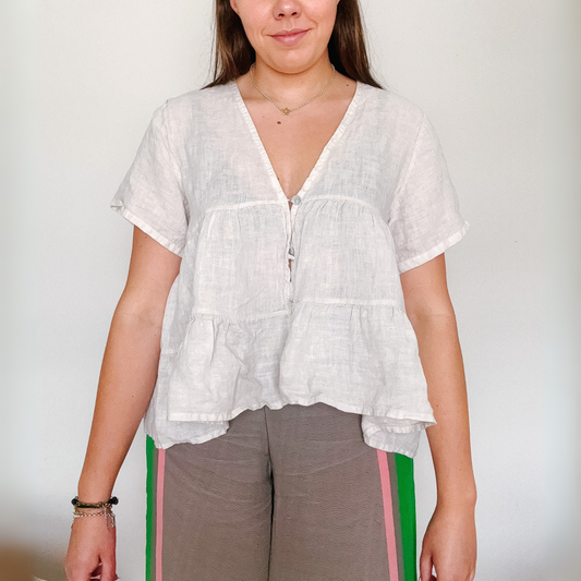 Short Sleeve Buttoned Linen Blouse - Beige