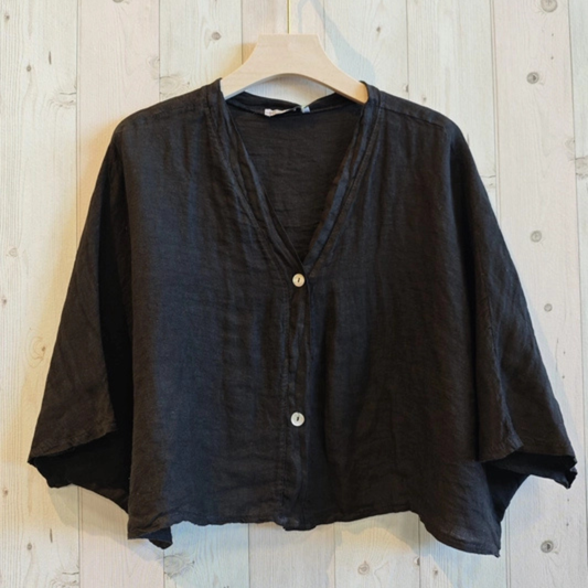 Linen Short Sleeve Button Blouse - Black