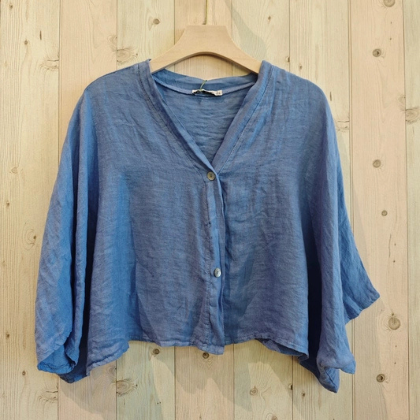 Linen Short Sleeve Button Blouse - Azure Blue