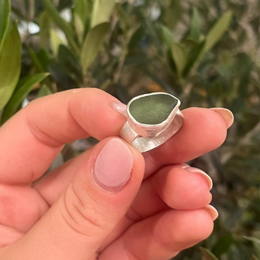 Eco Silver Ring - Green Sea Glass