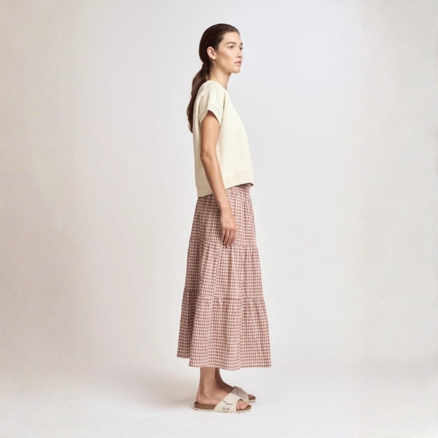 Tiered Gingham Check Skirt - Dusty Rose
