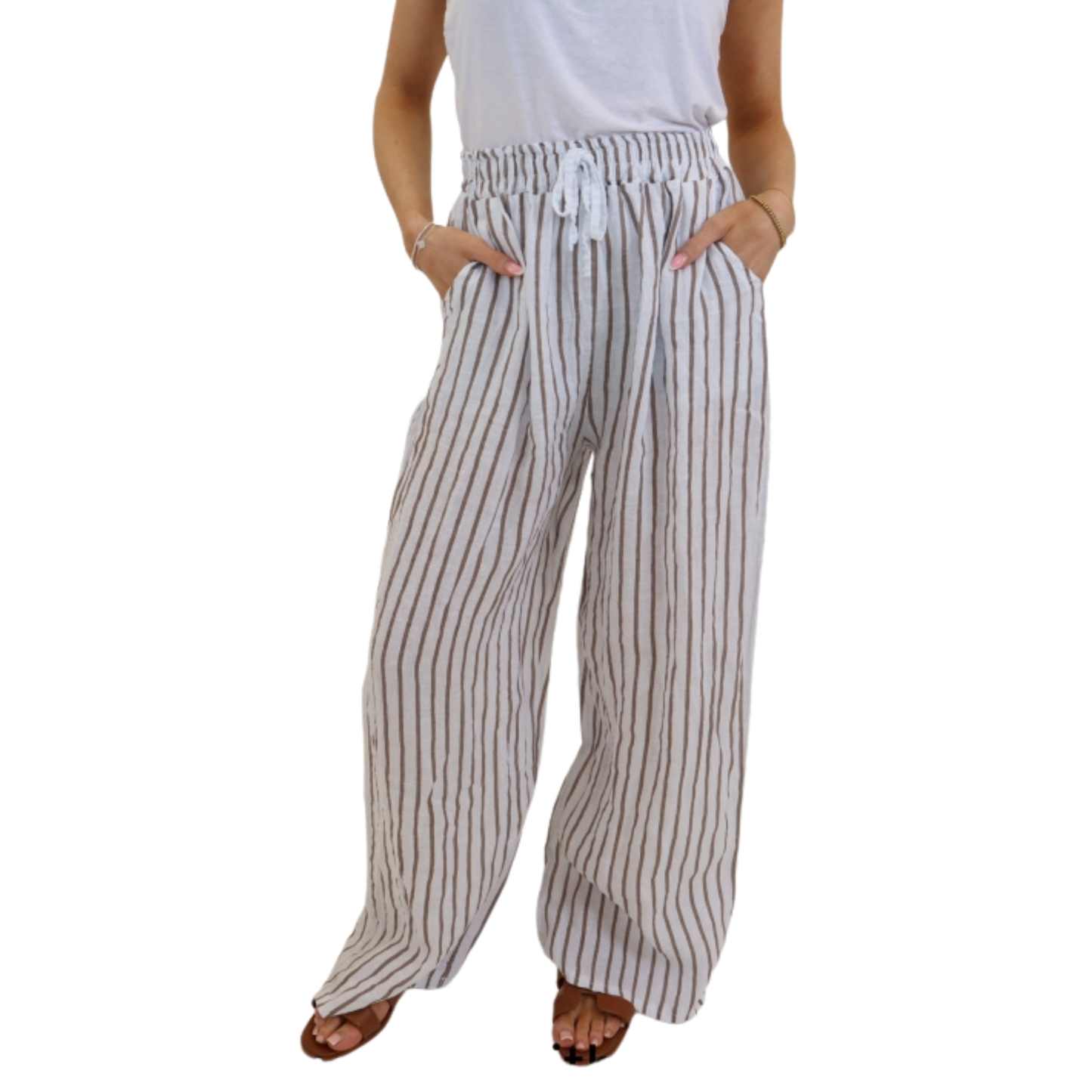 Linen Wide Leg Trousers - White & Tan Pinstripe