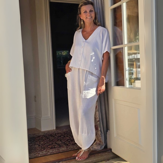 Linen and Cotton Blend Short Sleeve Cardigan - White